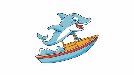 Poster - A playful and intelligent mammal displaying acrobatic flips and jumps as it races alongside a boat in the open ocean.  on white background . Cartoon Vector.