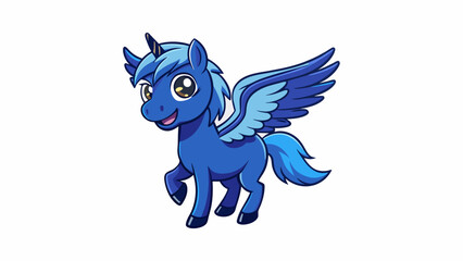 Poster - A playful Pegasus with a mischievous glint in its eye and a sly smirk on its lips. Its wings are a deep midnight blue and seem to le with stars as it. Cartoon Vector.