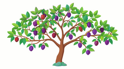Fototapete - A plum tree its branches heavy with fruit swaying gently in the breeze. The leaves are a deep green color with hints of red and orange on the edges.. Cartoon Vector.
