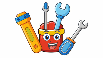Poster - A playfullydesigned toy tool set that includes a toy wrench and screwdriver with cartoon faces. The tools are made of soft rubber material for a safe. Cartoon Vector.