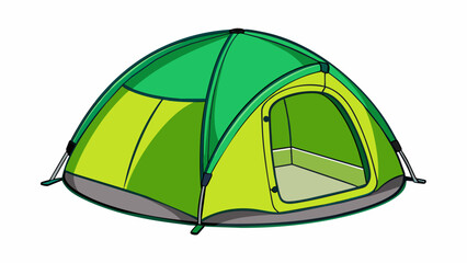 Aufkleber - A popup tent that can be collapsed into a small disk for easy transport. It is a vibrant shade of green and has a circular entrance with a mesh lining. Cartoon Vector.