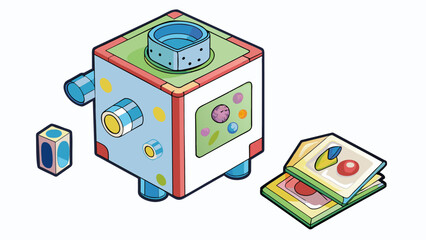 Poster - A pocketsized toy microscope shaped like a colorful cube with each side equipped with a different magnification lens. It also comes with a booklet. Cartoon Vector.