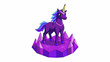 A regal statuesque unicorn with a deep purple coat and eyes that seem to glow with ancient wisdom standing atop a glowing crystal mountain.  on. Cartoon Vector.