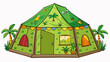 A safarithemed play tent featuring a printed jungle scene on its walls and roof. The tent has a wide entryway and velcro fasteners to keep the flaps. Cartoon Vector.