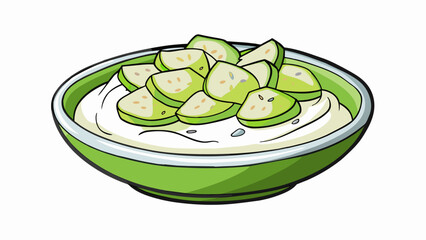 Aufkleber - A refreshing summer side dish featuring diced cucumbers yogurt and herbs adding a burst of flavor to any meal.  on white background . Cartoon Vector.