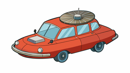 Aufkleber - A retrostyle car with a large and powerful fan at the back resembling a flying saucer. Its compact size makes it perfect for urban areas where it can. Cartoon Vector.