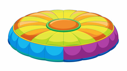 Poster - A round inflatable mat filled with air and covered in bright colors designed for learning and practicing cartwheels handstands and other beginnerlevel. Cartoon Vector.