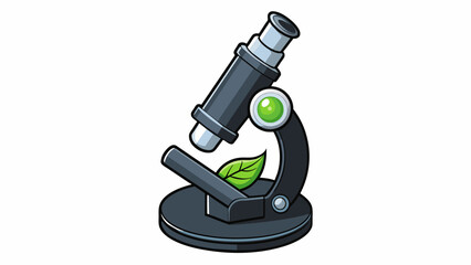 Aufkleber - A round black tube with a silver eyepiece and a light on one end used for studying tiny specimens. The object under the lens is a green leaf showing. Cartoon Vector.
