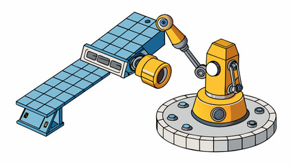 Poster - A robotic arm extending from the station equipped with cameras and sensors used for repairing and maintaining the exterior structure of the station. Cartoon Vector.