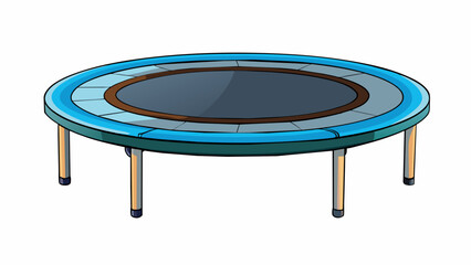 Poster - A round bouncy object made of thick black material stretched over a sy metal frame. It stands tall in a brightly colored backyard beckoning children. Cartoon Vector.
