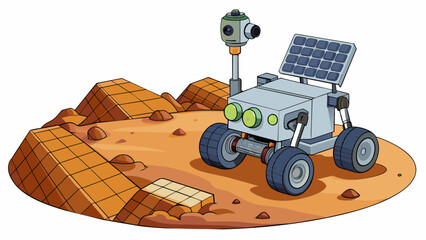 Poster - A rover robot navigates its way through a rocky and desolate landscape on an alien planet. Its shiny solar panels power its movements and the robotic. Cartoon Vector.