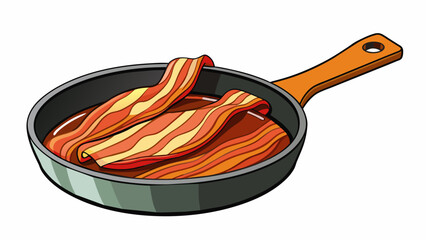 Poster - A savory smell fills the kitchen as a pan of thick bacon is fried to a perfect goldenbrown the fat rendering and pooling at the edges.  on white. Cartoon Vector.