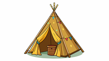 Poster - A rustic teepeestyle play tent made of natural canvas and wooden poles. The tent has a flap door and a small window and can be decorated with fabric. Cartoon Vector.