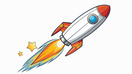 Aufkleber - A rocket blasts off into the clear evening sky its long body propelled forward by powerful engines. It gleams in the sunlight its metallic surface. Cartoon Vector.