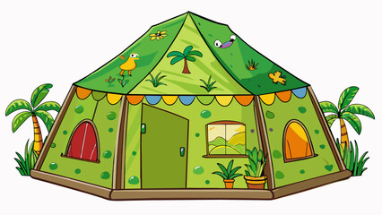 Poster - A safarithemed play tent featuring a printed jungle scene on its walls and roof. The tent has a wide entryway and velcro fasteners to keep the flaps. Cartoon Vector.