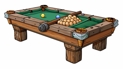 Poster - A rustic table made out of thick logs with a surface that looks worn and weathered. The pool balls are wooden and hand painted and there is a rope net. Cartoon Vector.