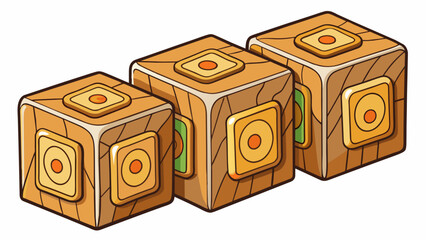 Poster - A series of four wooden blocks each with a different image carved into its front and back sides. When stacked in a specific order the images come. Cartoon Vector.