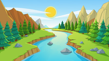 Aufkleber - A serene river bordered by tall trees and smooth rocks meanders its way through the vast green valley reflecting the warm rays of the sun on its clear. Cartoon Vector.