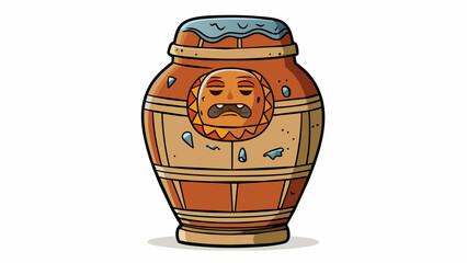 Poster - A rusted canopic jar adorned with engravings of ancient deities. The lid is sealed shut with a crude wax seal but a faint smell of decay seeps through. Cartoon Vector.
