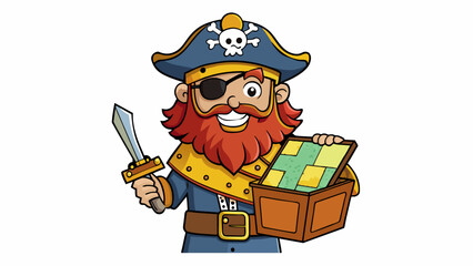 Poster - A scruffy Pirate with an eye patch and a bandana holds a rusted lass in one hand and a wooden treasure map in the other.  on white background . Cartoon Vector.