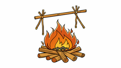Poster - A rustic campfire grill created from large tree branches neatly tied together with twine to form a grill surface. Suspended above the flames the grill. Cartoon Vector.