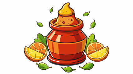 Sticker - A rich earthy sauce that packs a punch with the bold flavors of extra virgin olive oil tangy lemon zest and zesty crushed red pepper.  on white. Cartoon Vector.