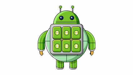 Poster - A robotlike figure with a green circular head and a body made up of different compartments representing the customizable nature of an Android device.. Cartoon Vector.