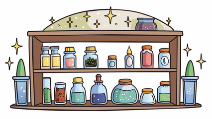 Aufkleber - A shelf in the elfs cozy home is lined with jars filled with sparkling dust and potions. The jars are labeled in elegant cursive script and emit a. Cartoon Vector.