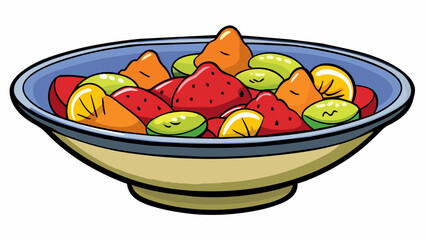 Sticker - A sful of fruit compote showcasing a variety of textures from soft and juicy to slightly chewy. The fruits are coated in a sticky liquid making it. Cartoon Vector.