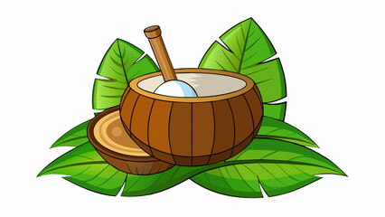 Poster - A shiny brown coconut sitting in a wooden bowl surrounded by a pile of large green leaves. A quick crack and twist reveals the soft white inside which. Cartoon Vector.