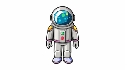 Poster - A shiny silver suit with a reflective visor and attached black gloves and boots. The suit is adorned with colorful planet and star patches.  on. Cartoon Vector.