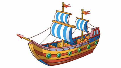 Poster - A ship with a nimble frame and small delicate sails. Its colorful hull is painted with bright stripes and patterns making it stand out against the. Cartoon Vector.