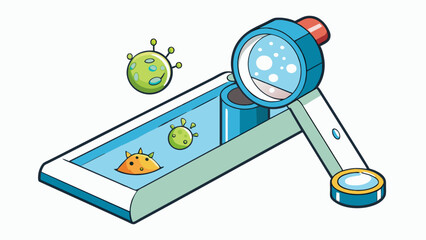 Poster - A simple homemade setup consisting of a drop of water on a slide covered by a thin piece of glass. The slide is p under a small handheld magnifier. Cartoon Vector.