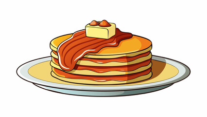 Poster - A sizzling slice of bacon with crispy edges and a glistening layer of fat sitting on a plate next to a stack of fluffy pancakes.  on white. Cartoon Vector.