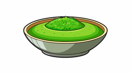 Aufkleber - A small dish filled with a bright green dressing resembling freshly grass. It has a fresh and earthy aroma with a touch of citrus and tastes light and. Cartoon Vector.