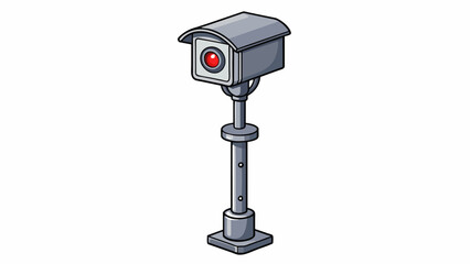 Poster - A small discreet camera mounted on a street lamp its sleek silver body blending in with the metal pole. It has a wideangle lens and a red LED light. Cartoon Vector.