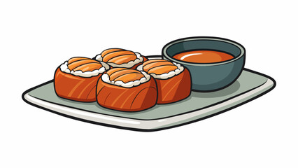 Aufkleber - A small dish of thick glossy ambercolored sauce served alongside a plate of sushi rolls. The aroma is slightly sweet and salty with a hint of umami.. Cartoon Vector.