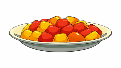 Aufkleber - A small dish of mixed fruit pieces each one plump and glistening with a shiny coating of syrup. The colors of the fruit range from deep red to bright. Cartoon Vector.