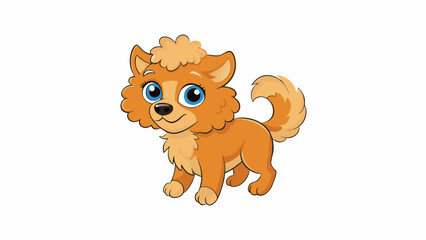 Aufkleber - A small energetic pup with bright soulful eyes and a fluffy curly coat chasing its own tail in circles around the living room.  on white background. Cartoon Vector.