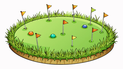 Poster - A small circular area of short dense grass with tiny holes tered throughout. Colorful flags are p at different holes to indicate varying levels of. Cartoon Vector.