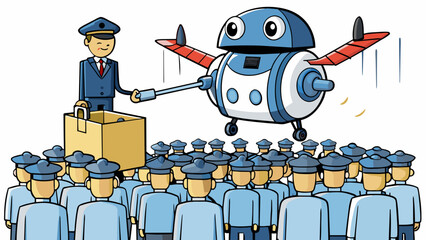 Aufkleber - A small flying security robot equipped with a remotecontrolled taser monitors a crowded event quietly hovering above the crowd and swiftly. Cartoon Vector.