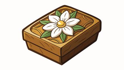 Poster - A small intricately carved wooden box adorned with the image of a blooming jasmine flower. When od the box releases a faint yet enchanting scent. Cartoon Vector.
