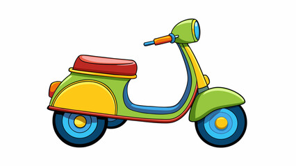 Aufkleber - A small motorized scooter with a brightly colored frame wide foot deck and sy wheels that make it perfect for zipping around the neighborhood.  on. Cartoon Vector.