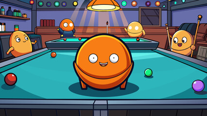 Sticker - A small hard orb with a bright neon orange surface glowing in the dark of the dimly lit bat where friends have gathered for a latenight game of pool.. Cartoon Vector.