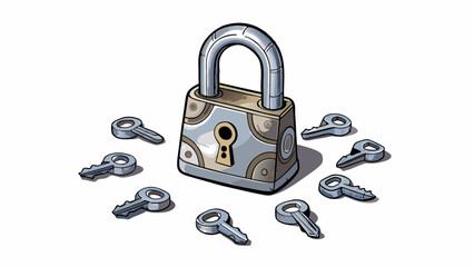 Aufkleber - A small metal lock with several keys tered on a table next to it. Each key has a unique shape and design but only one will unlock the lock. The lock. Cartoon Vector.