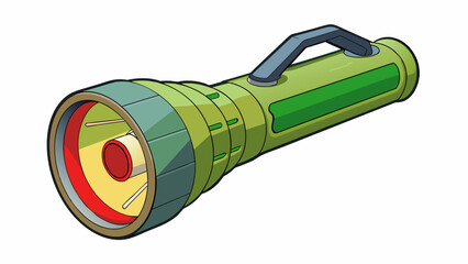 Poster - A small handheld flashlight with a cylindrical body and a textured grip. The end of the flashlight features a bright circular light surrounded by a. Cartoon Vector.