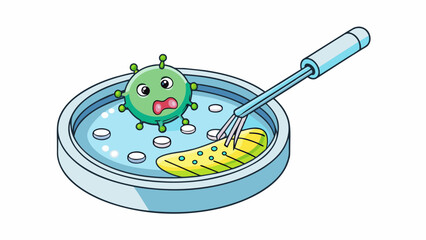 Poster - A small petri dish containing a tiny bacteria with a circular piece of DNA being inserted using a micropipette. The bacterias genetic makeup is being. Cartoon Vector.