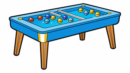 Poster - A smaller more compact table with a blue surface lined with four pockets on either end. Instead of traditional pool balls there are numbered marbles. Cartoon Vector.
