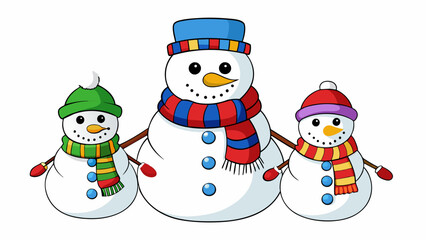 Sticker - A snowman family with a large snowman for a daddy a mediumsized snowman for a mommy and a small snowman for a baby all adorned with colorful scarves. Cartoon Vector.