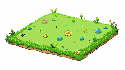 Poster - A soft carpet of emerald green moss covers the forest floor dotted with sparkling gemstones and delicate colorful flowers that seem to change hues as. Cartoon Vector.